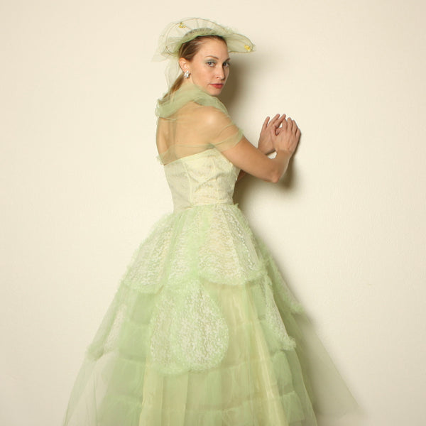 Vintage 50's Honeydew Tulle Sculptural Strapless Party Dress