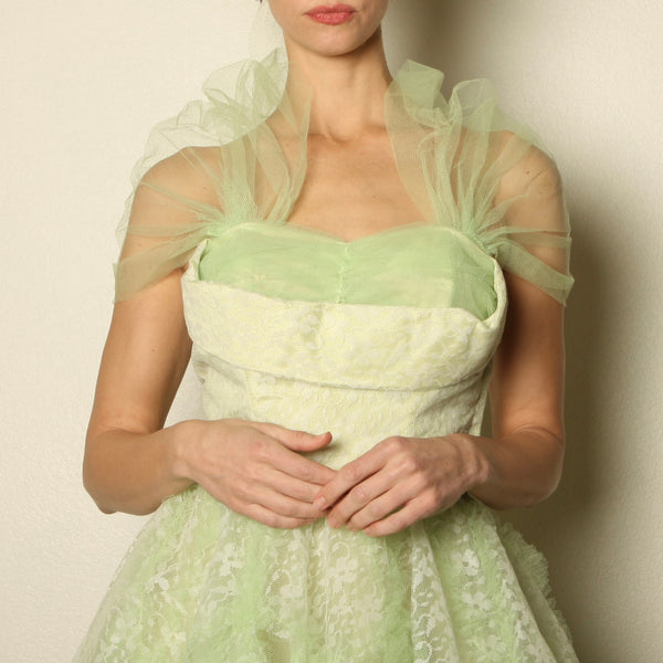 Vintage 50's Honeydew Tulle Sculptural Strapless Party Dress