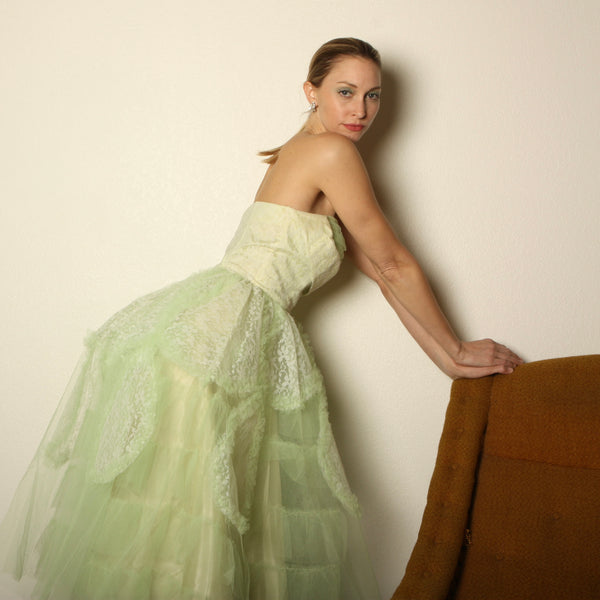Vintage 50's Honeydew Tulle Sculptural Strapless Party Dress