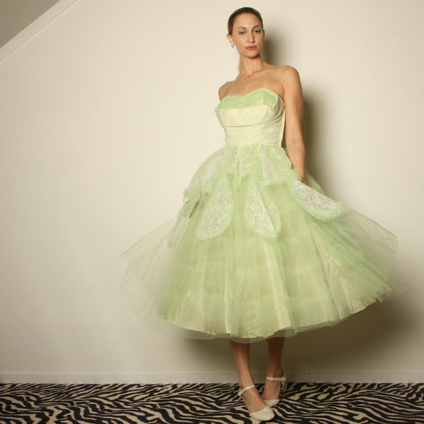 Vintage 50's Honeydew Tulle Sculptural Strapless Party Dress