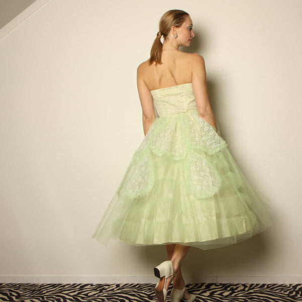 Vintage 50's Honeydew Tulle Sculptural Strapless Party Dress