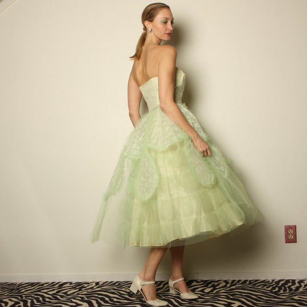 Vintage 50's Honeydew Tulle Sculptural Strapless Party Dress