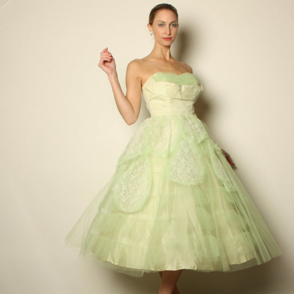 Vintage 50's Honeydew Tulle Sculptural Strapless Party Dress