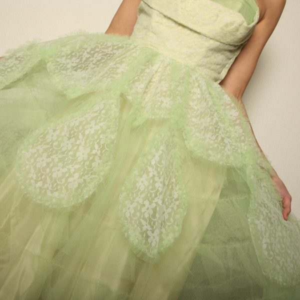Vintage 50's Honeydew Tulle Sculptural Strapless Party Dress