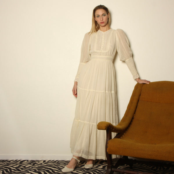 Vintage 70's Cream Voile Embroidered Prairie Dress