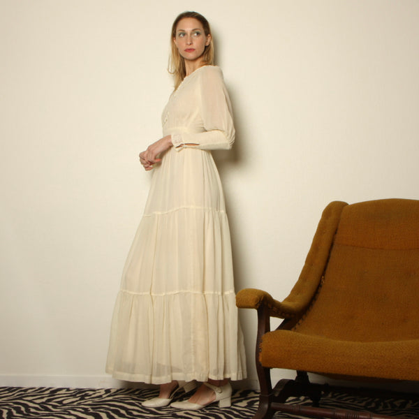 Vintage 70's Cream Voile Embroidered Prairie Dress