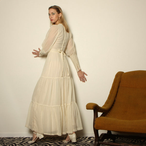 Vintage 70's Cream Voile Embroidered Prairie Dress