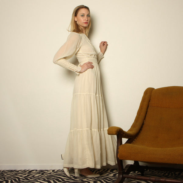 Vintage 70's Cream Voile Embroidered Prairie Dress