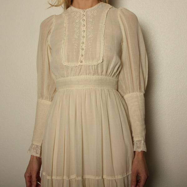 Vintage 70's Cream Voile Embroidered Prairie Dress