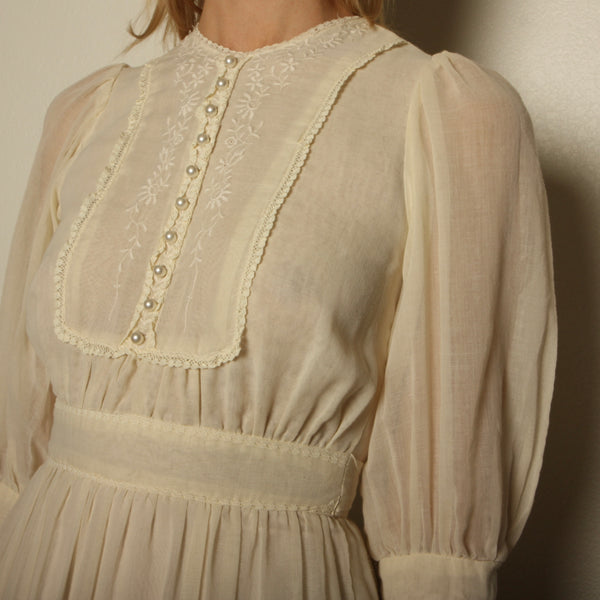 Vintage 70's Cream Voile Embroidered Prairie Dress
