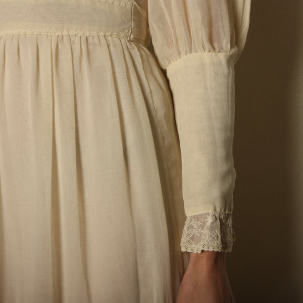 Vintage 70's Cream Voile Embroidered Prairie Dress
