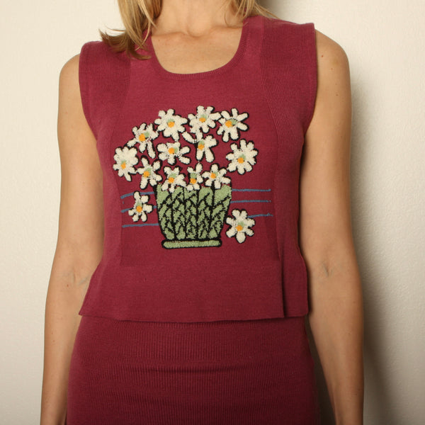 Vintage 70's does 30's Fiber Art Tufted Flowers Knit Skirt Set