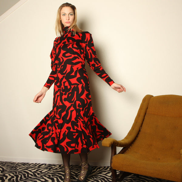 Vintage 80's Joanie Char Matisse Print 2-Pc Knit Skirt Set