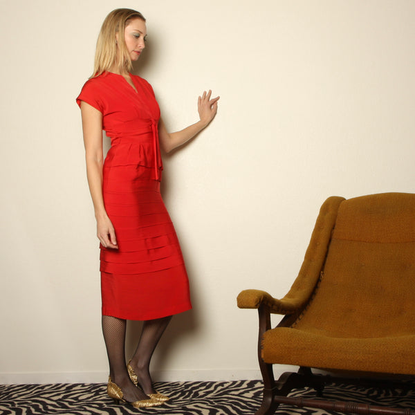 Vintage 50's Poinsettia Red Crepe Pleated Wiggle Dress