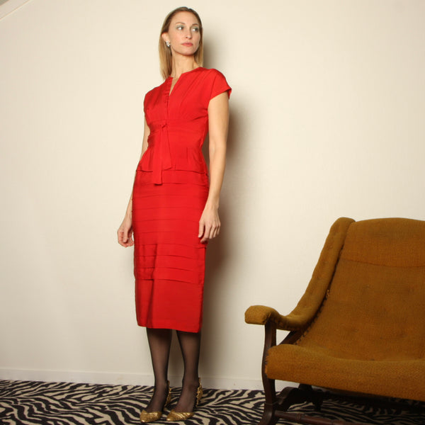 Vintage 50's Poinsettia Red Crepe Pleated Wiggle Dress