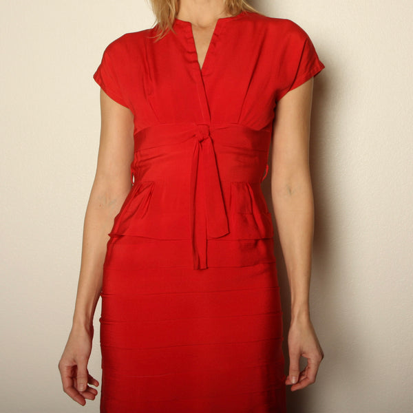 Vintage 50's Poinsettia Red Crepe Pleated Wiggle Dress