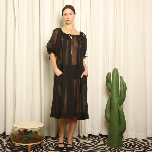 Vintage 50s 60s Hand Embroidered Haitian Voile Trapeze dress