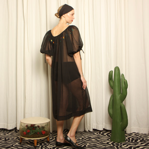 Vintage 50s 60s Hand Embroidered Haitian Voile Trapeze dress