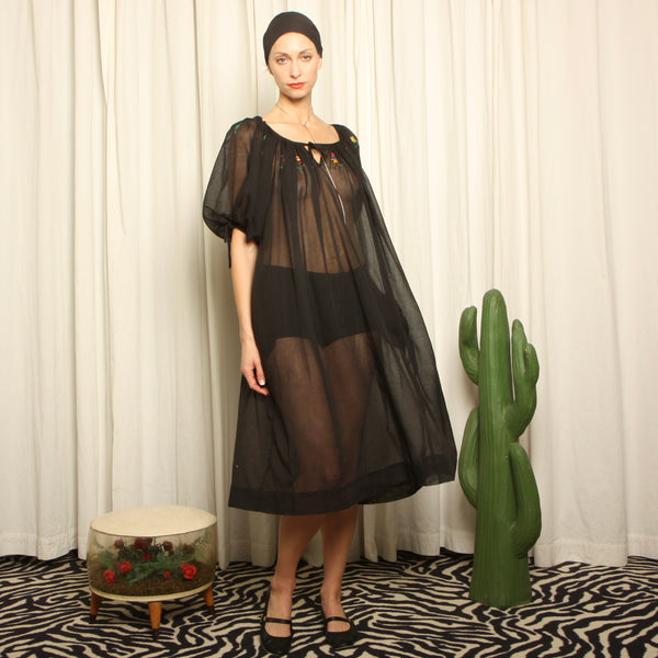 Vintage 50s 60s Hand Embroidered Haitian Voile Trapeze dress
