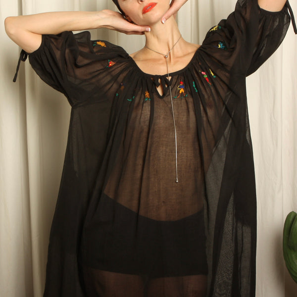 Vintage 50s 60s Hand Embroidered Haitian Voile Trapeze dress