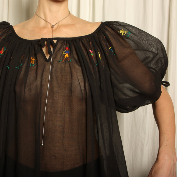 Vintage 50s 60s Hand Embroidered Haitian Voile Trapeze dress