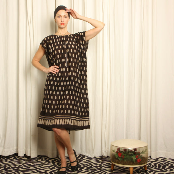 Vintage Hand Block Print Cotton Gauze Draped Smock Dress