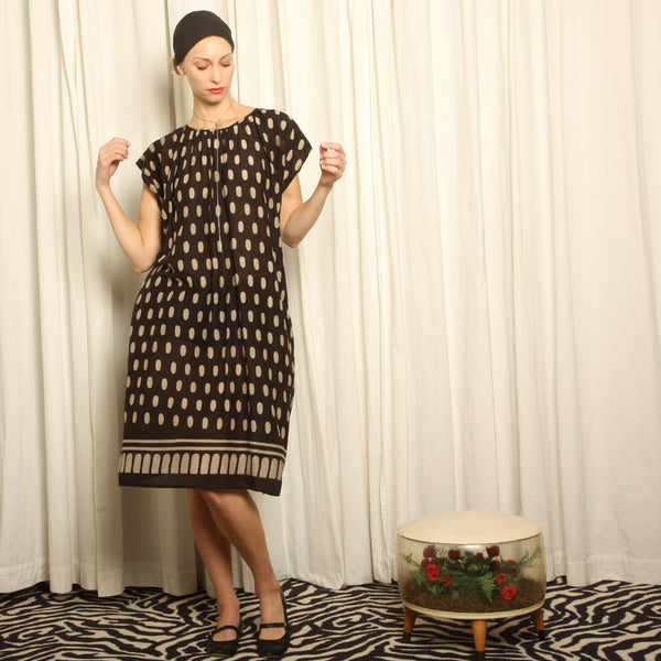 Vintage Hand Block Print Cotton Gauze Draped Smock Dress
