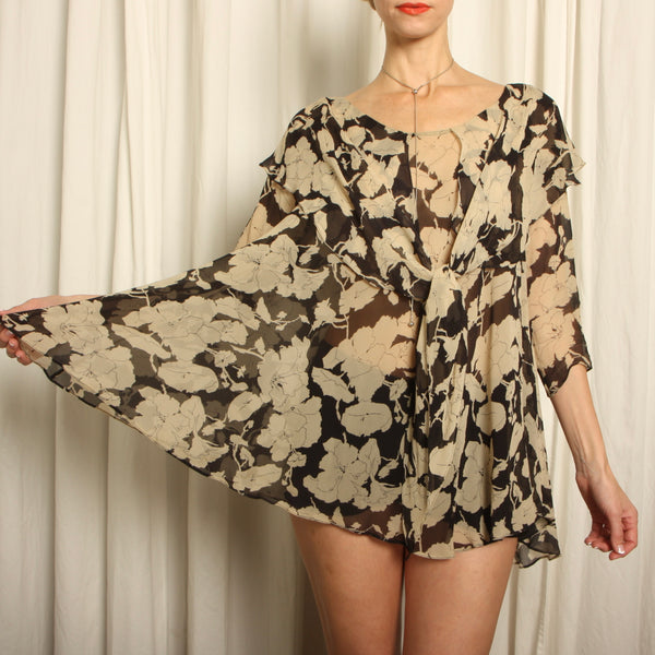 Vintage 90's Romantic Silk Chiffon Poppies DKNY Babydoll Dress