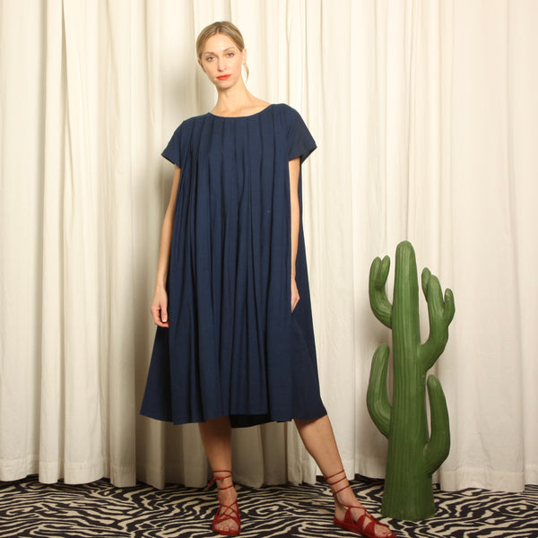 NWT Indigo Cotton Minimalist Pleated Trapeze Dress