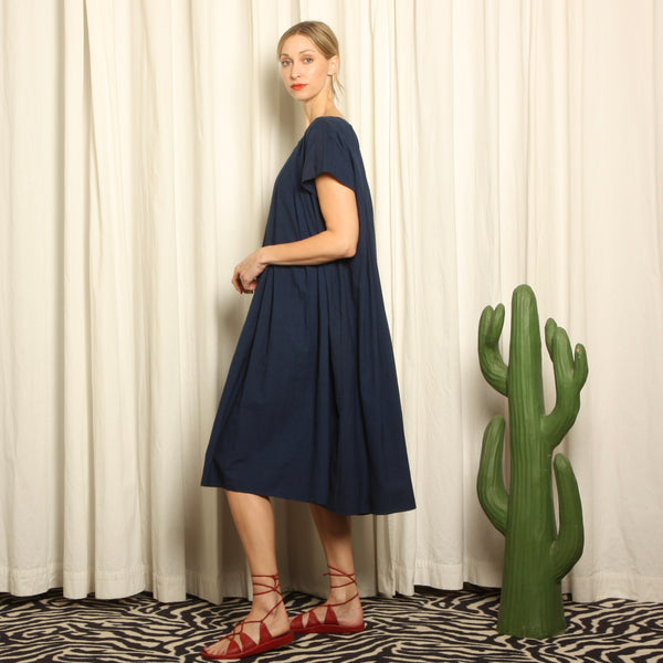 NWT Indigo Cotton Minimalist Pleated Trapeze Dress
