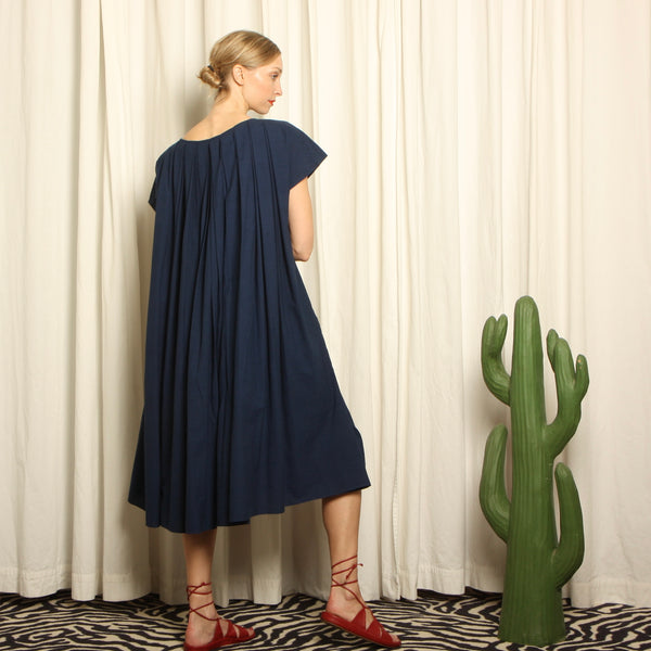 NWT Indigo Cotton Minimalist Pleated Trapeze Dress
