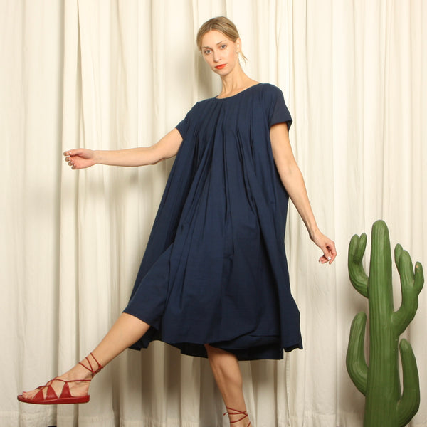 NWT Indigo Cotton Minimalist Pleated Trapeze Dress