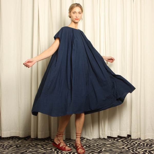 NWT Indigo Cotton Minimalist Pleated Trapeze Dress
