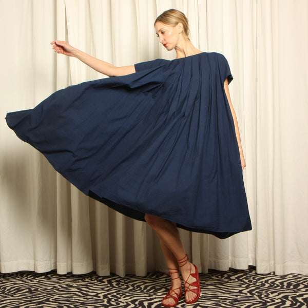 NWT Indigo Cotton Minimalist Pleated Trapeze Dress