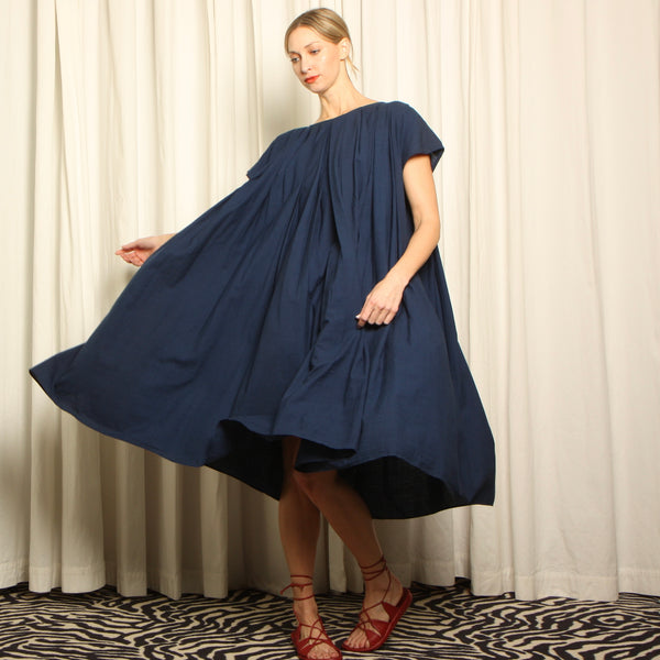 NWT Indigo Cotton Minimalist Pleated Trapeze Dress