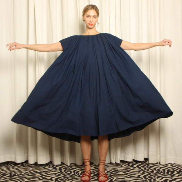 NWT Indigo Cotton Minimalist Pleated Trapeze Dress