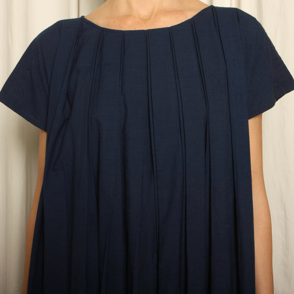 NWT Indigo Cotton Minimalist Pleated Trapeze Dress