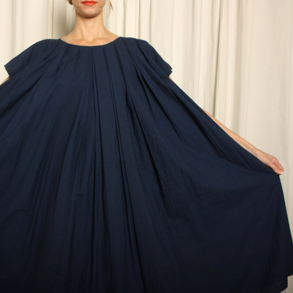 NWT Indigo Cotton Minimalist Pleated Trapeze Dress