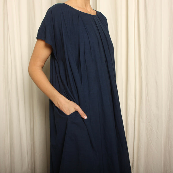 NWT Indigo Cotton Minimalist Pleated Trapeze Dress