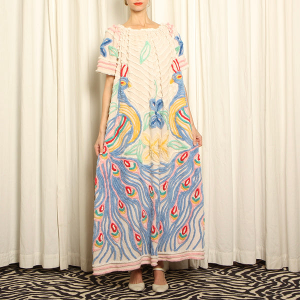Vintage 50's Chenille Peacocks Draped Hostess Maxi Dress