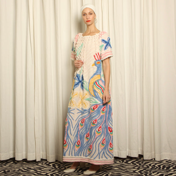 Vintage 50's Chenille Peacocks Draped Hostess Maxi Dress