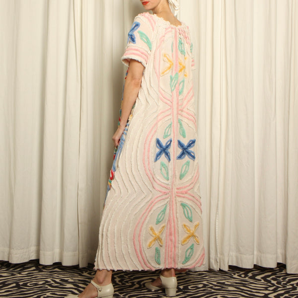 Vintage 50's Chenille Peacocks Draped Hostess Maxi Dress