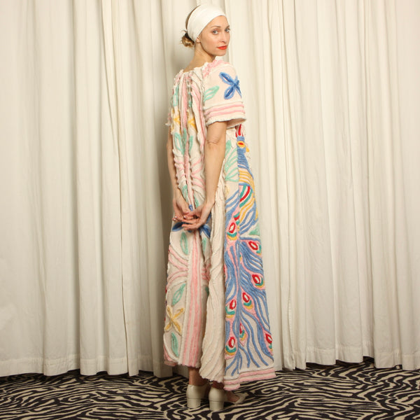 Vintage 50's Chenille Peacocks Draped Hostess Maxi Dress