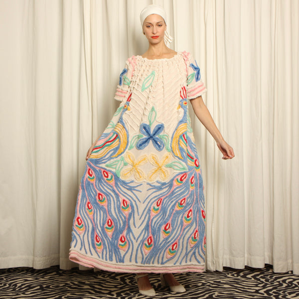 Vintage 50's Chenille Peacocks Draped Hostess Maxi Dress
