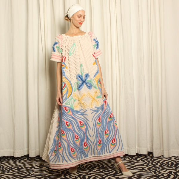 Vintage 50's Chenille Peacocks Draped Hostess Maxi Dress
