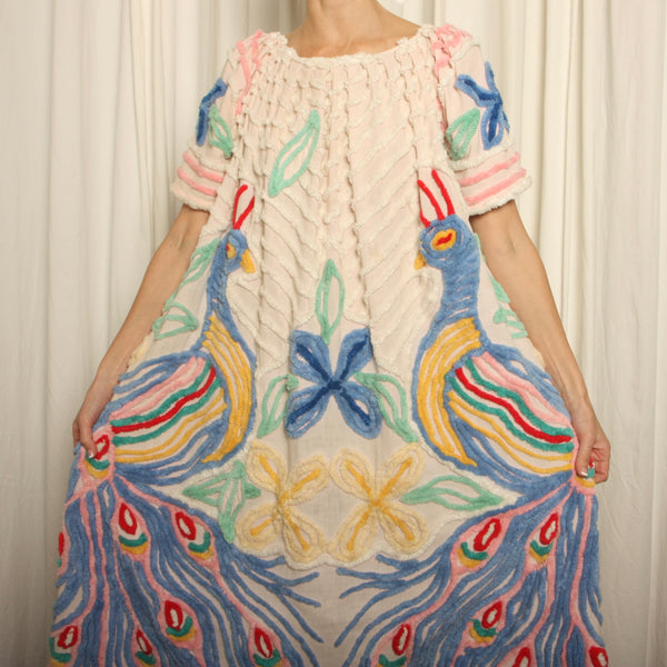 Vintage 50's Chenille Peacocks Draped Hostess Maxi Dress