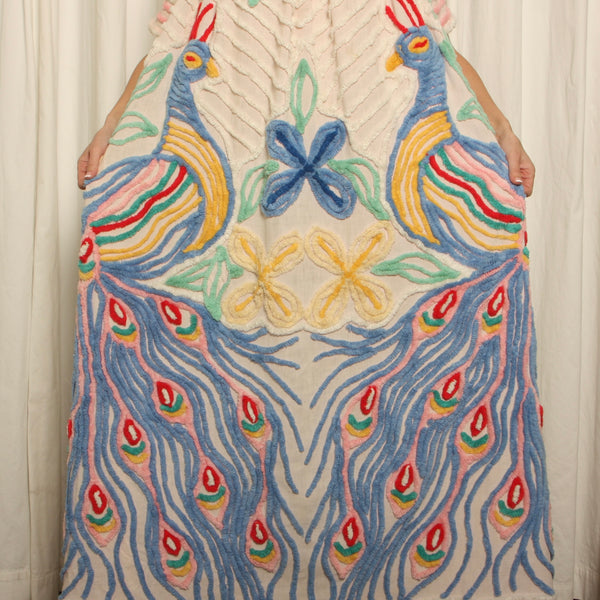 Vintage 50's Chenille Peacocks Draped Hostess Maxi Dress
