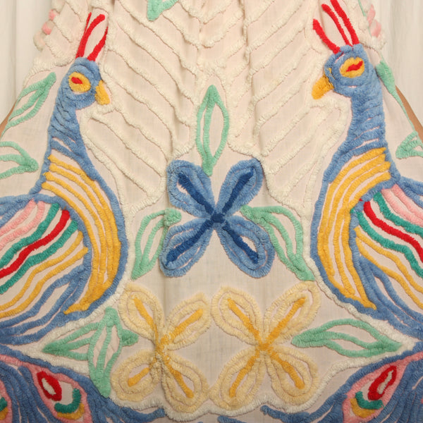 Vintage 50's Chenille Peacocks Draped Hostess Maxi Dress