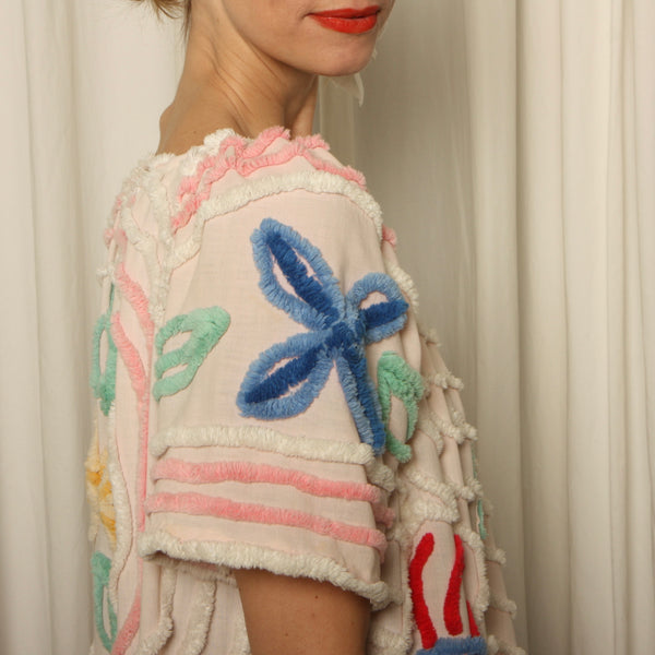 Vintage 50's Chenille Peacocks Draped Hostess Maxi Dress
