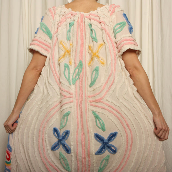 Vintage 50's Chenille Peacocks Draped Hostess Maxi Dress